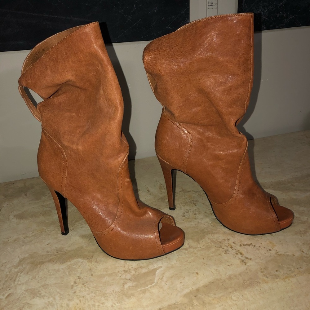 Brown leather heeled boots